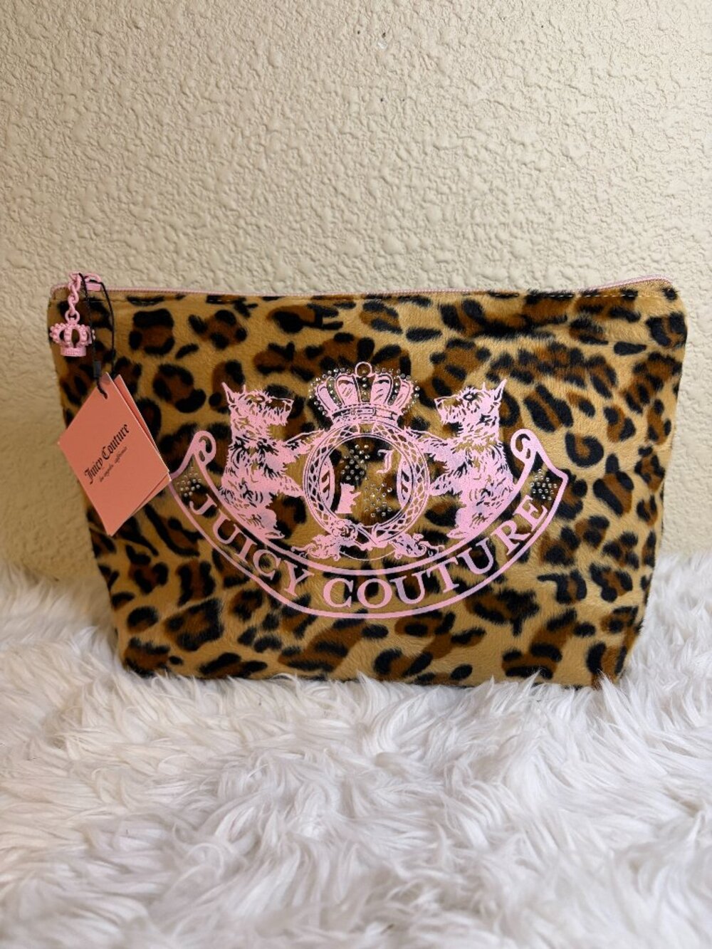 Juicy Couture Leopard Faux Fur Travel Cosmetic Bag Pink Rhinestone Crown NWT